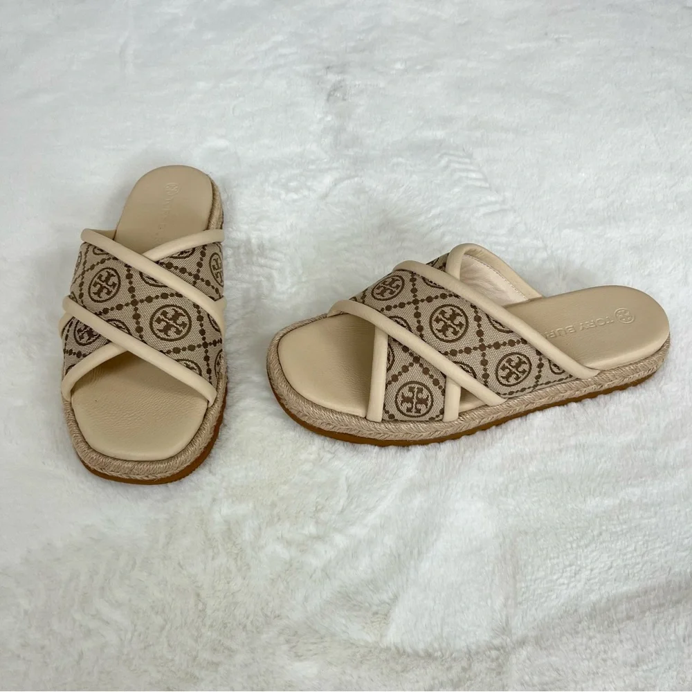 NWOT TORY BURCH T MONOGRAM CRISSCROSS ESPADRILLE SLIDES SIZE 8.5 - Picture 12 of 16